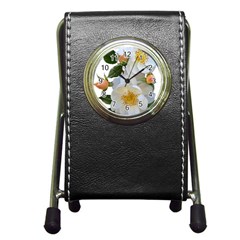 Roses Stamens Pollen Buds White Pen Holder Desk Clock