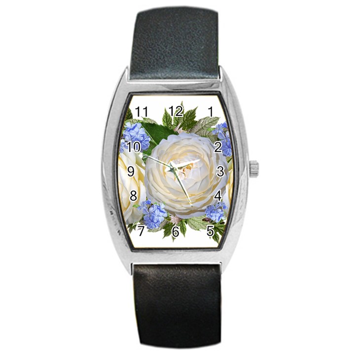 Roses Flowers Plumbago Arrangement Barrel Style Metal Watch