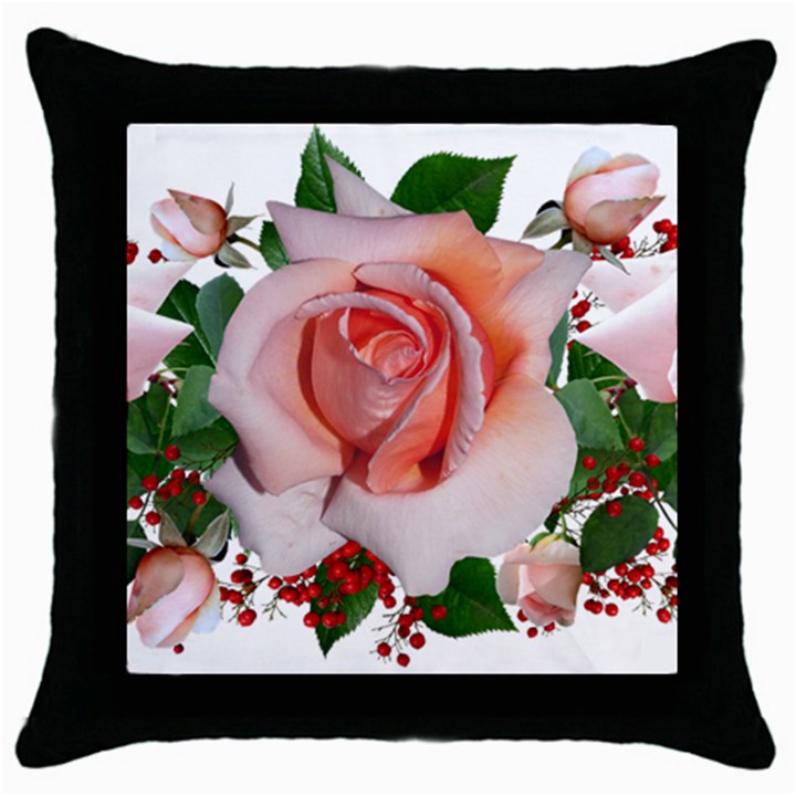 Roses Flowers Berries Arrangement Throw Pillow Case (Black)