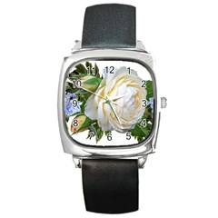 Rose White Flower Plumbago Square Metal Watch by Pakrebo