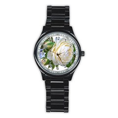 Rose White Flower Plumbago Stainless Steel Round Watch