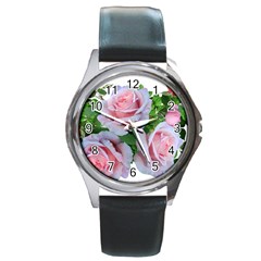 Roses Pink Flowers Leaves Round Metal Watch by Pakrebo