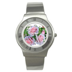 Roses Pink Flowers Leaves Stainless Steel Watch by Pakrebo