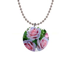 Roses Pink Flowers Leaves 1  Button Necklace by Pakrebo