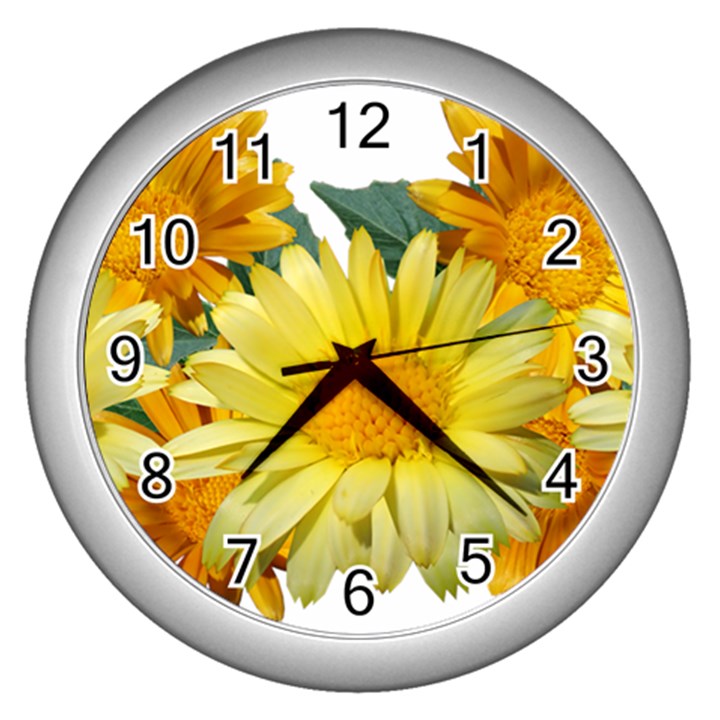 Daisies Flowers Yellow Arrangement Wall Clock (Silver)