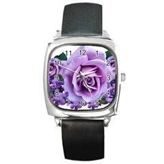 Roses Violets Flowers Arrangement Square Metal Watch