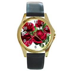 Roses Flowers Red Romantic Garden Round Gold Metal Watch by Pakrebo