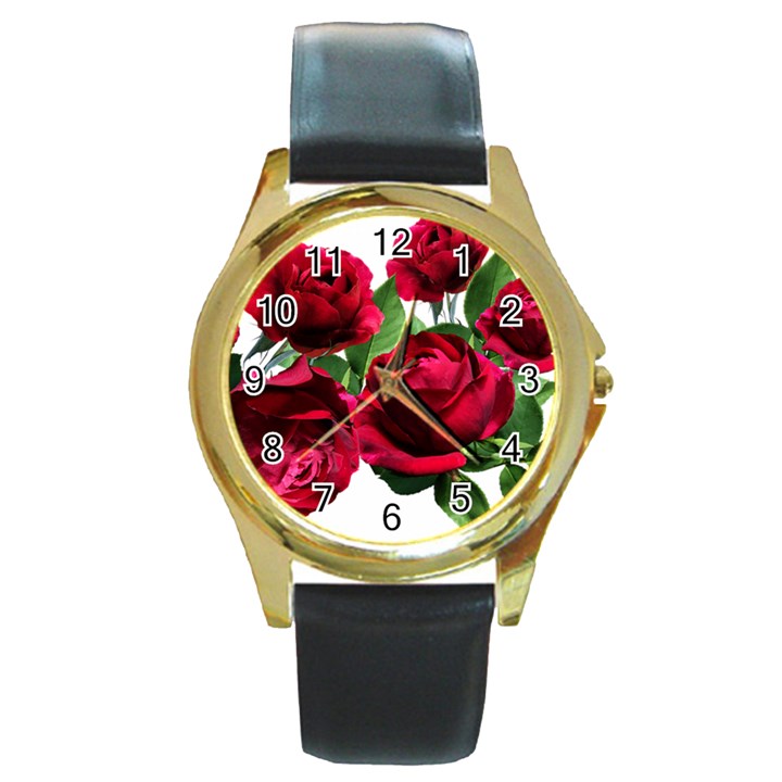 Roses Flowers Red Romantic Garden Round Gold Metal Watch