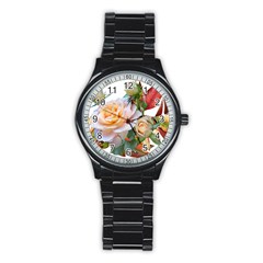 Autumn Leaves Roses Flowers Garden Stainless Steel Round Watch