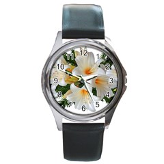 Lilies Belladonna White Flowers Round Metal Watch by Pakrebo