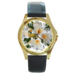 Lilies Belladonna White Flowers Round Gold Metal Watch