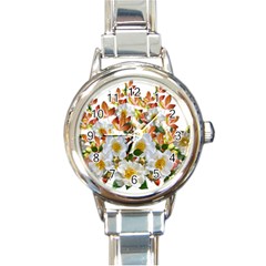 Flowers Roses Leaves Autumn Round Italian Charm Watch