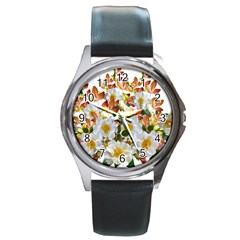 Flowers Roses Leaves Autumn Round Metal Watch