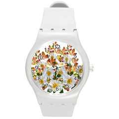 Flowers Roses Leaves Autumn Round Plastic Sport Watch (m)