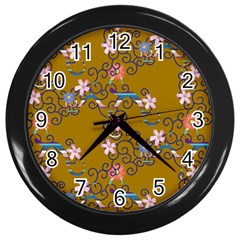 Textile Flowers Pattern Wall Clock (black) by HermanTelo