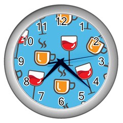 Cups And Mugs Blue Wall Clock (silver) by HermanTelo