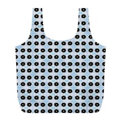 Black Flower On Blue White Pattern Full Print Recycle Bag (l) by BrightVibesDesign