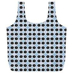 Black Flower On Blue White Pattern Full Print Recycle Bag (xl) by BrightVibesDesign