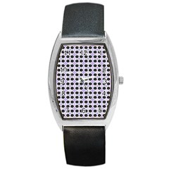 Black Flower  On Purple White Pattern Barrel Style Metal Watch by BrightVibesDesign