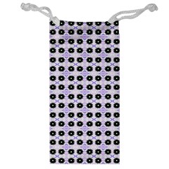 Black Flower  On Purple White Pattern Jewelry Bag by BrightVibesDesign