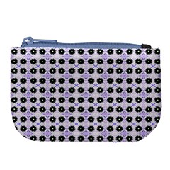 Black Flower  On Purple White Pattern Large Coin Purse by BrightVibesDesign