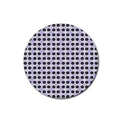 Black Flower  On Purple White Pattern Rubber Coaster (round)  by BrightVibesDesign