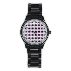 Black Flower On Pink White Pattern Stainless Steel Round Watch by BrightVibesDesign