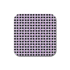 Black Flower On Pink White Pattern Rubber Square Coaster (4 Pack)  by BrightVibesDesign