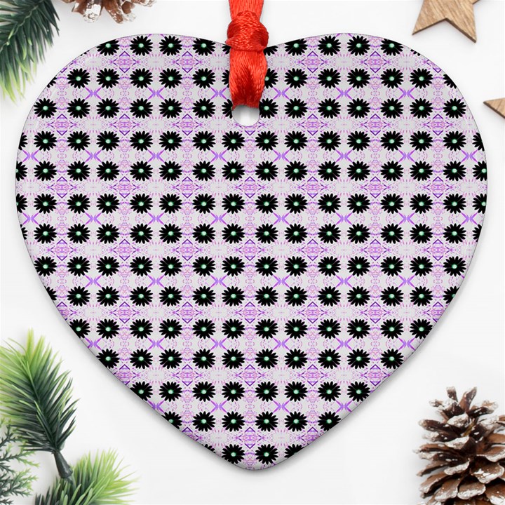 Black Flower On Pink White Pattern Heart Ornament (Two Sides)