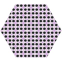 Black Flower On Pink White Pattern Wooden Puzzle Hexagon by BrightVibesDesign