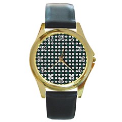 White Flower Pattern On Green Black Round Gold Metal Watch by BrightVibesDesign