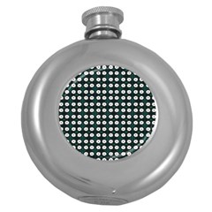 White Flower Pattern On Green Black Round Hip Flask (5 Oz) by BrightVibesDesign