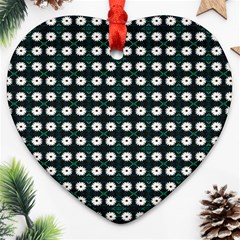 White Flower Pattern On Green Black Heart Ornament (two Sides) by BrightVibesDesign