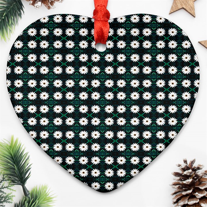 White Flower Pattern On Green Black Heart Ornament (Two Sides)