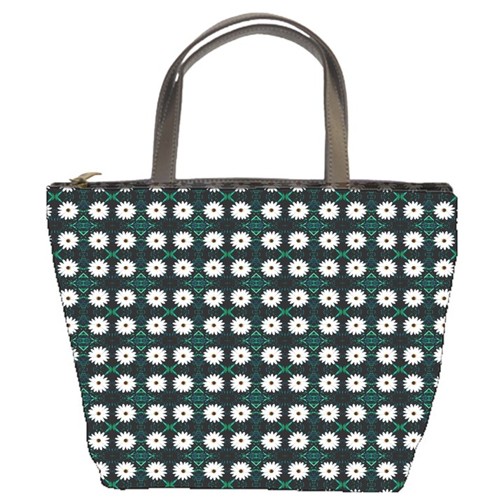 White Flower Pattern On Green Black Bucket Bag