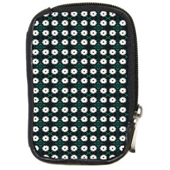 White Flower Pattern On Green Black Compact Camera Leather Case by BrightVibesDesign