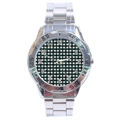 White Flower Pattern On Green Black Stainless Steel Analogue Watch by BrightVibesDesign