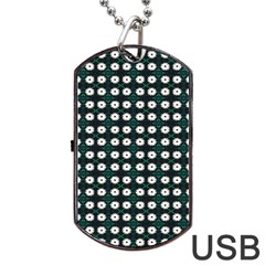 White Flower Pattern On Green Black Dog Tag Usb Flash (one Side) by BrightVibesDesign