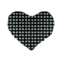 White Flower Pattern On Green Black Standard 16  Premium Heart Shape Cushions by BrightVibesDesign