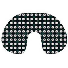 White Flower Pattern On Green Black Travel Neck Pillow by BrightVibesDesign