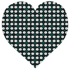 White Flower Pattern On Green Black Wooden Puzzle Heart by BrightVibesDesign