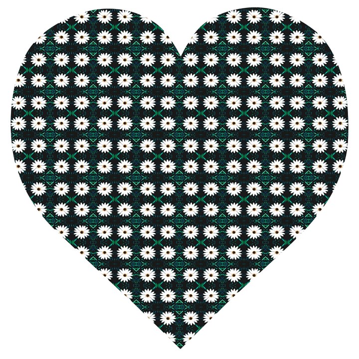 White Flower Pattern On Green Black Wooden Puzzle Heart