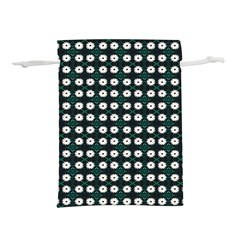 White Flower Pattern On Green Black Lightweight Drawstring Pouch (m) by BrightVibesDesign