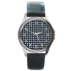 White Flower Pattern On Dark Blue Round Metal Watch by BrightVibesDesign