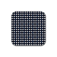 White Flower Pattern On Dark Blue Rubber Square Coaster (4 Pack)  by BrightVibesDesign