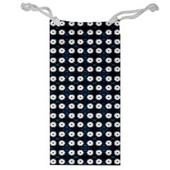 White Flower Pattern On Dark Blue Jewelry Bag by BrightVibesDesign