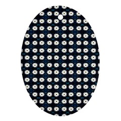 White Flower Pattern On Dark Blue Oval Ornament (two Sides) by BrightVibesDesign