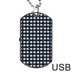 White Flower Pattern On Dark Blue Dog Tag Usb Flash (one Side) by BrightVibesDesign