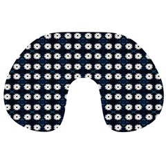 White Flower Pattern On Dark Blue Travel Neck Pillow by BrightVibesDesign