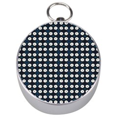 White Flower Pattern On Dark Blue Silver Compasses by BrightVibesDesign